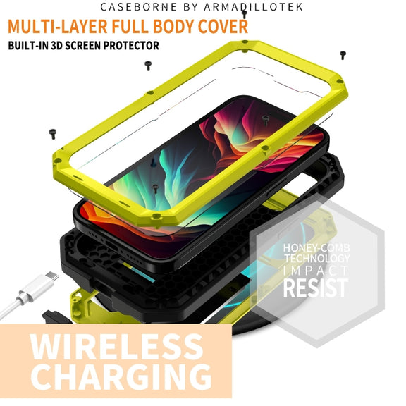 For iPhone 15 Pro Max R-JUST Sliding Camera IP54 Life Water-resistant Holder Phone Case(Yellow)
