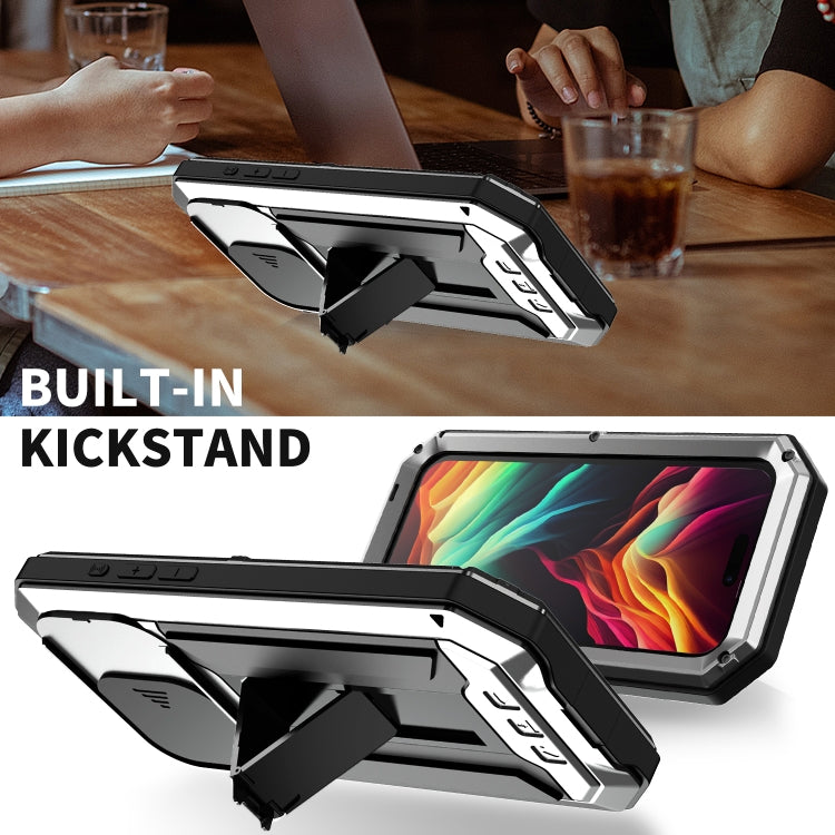 For iPhone 15 Pro Max R-JUST Sliding Camera IP54 Life Water-resistant Holder Phone Case(Silver)
