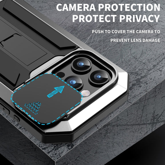 For iPhone 15 Pro Max R-JUST Sliding Camera IP54 Life Water-resistant Holder Phone Case(Silver)