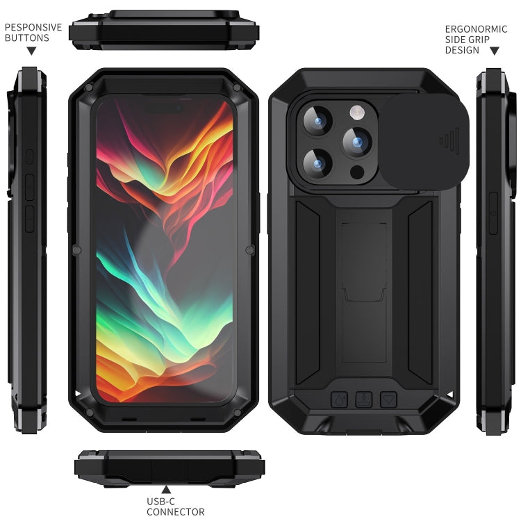 For iPhone 15 Pro R-JUST Sliding Camera IP54 Life Water-resistant Holder Phone Case(Black)
