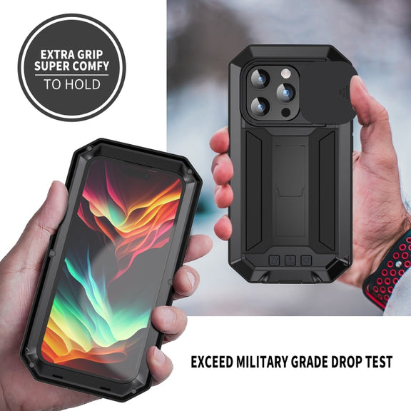 For iPhone 15 Pro R-JUST Sliding Camera IP54 Life Water-resistant Holder Phone Case(Black)