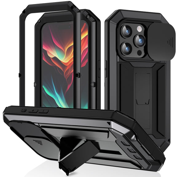 For iPhone 15 Pro R-JUST Sliding Camera IP54 Life Water-resistant Holder Phone Case(Black)