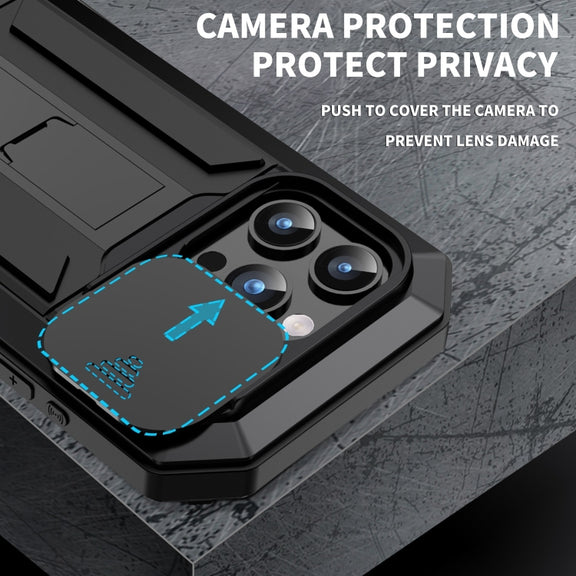 For iPhone 15 Pro R-JUST Sliding Camera IP54 Life Water-resistant Holder Phone Case(Black)