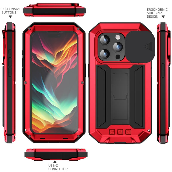 For iPhone 15 Pro R-JUST Sliding Camera IP54 Life Water-resistant Holder Phone Case(Red)
