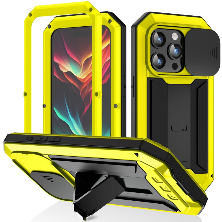 For iPhone 15 Pro R-JUST Sliding Camera IP54 Life Water-resistant Holder Phone Case(Yellow)
