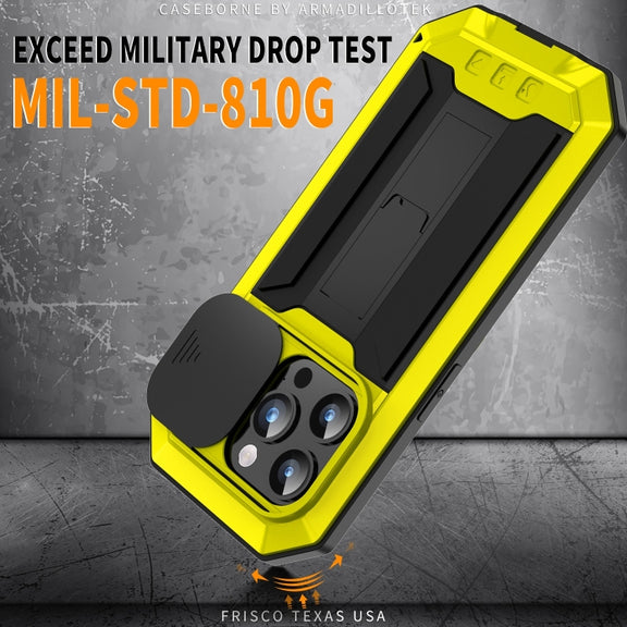 For iPhone 15 Pro R-JUST Sliding Camera IP54 Life Water-resistant Holder Phone Case(Yellow)