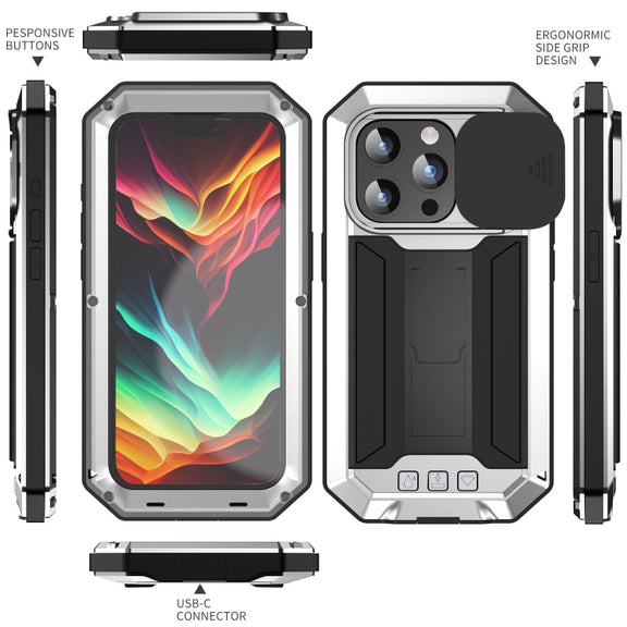 For iPhone 15 Pro R-JUST Sliding Camera IP54 Life Water-resistant Holder Phone Case(Silver)