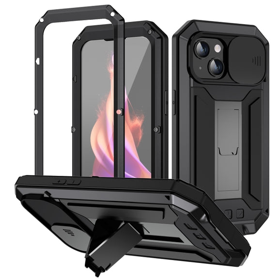For iPhone 15 Plus R-JUST Sliding Camera IP54 Life Water-resistant Holder Phone Case(Black)