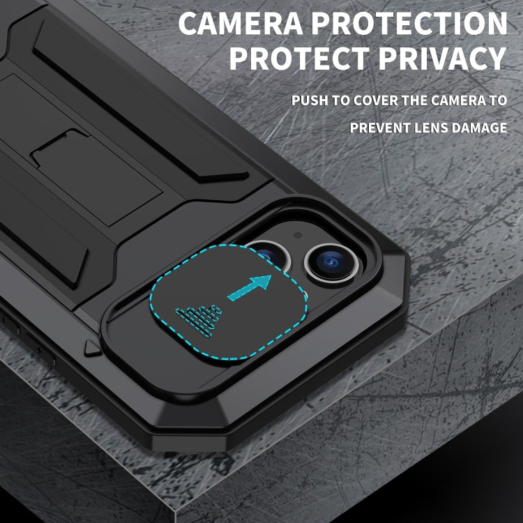 For iPhone 15 Plus R-JUST Sliding Camera IP54 Life Water-resistant Holder Phone Case(Black)