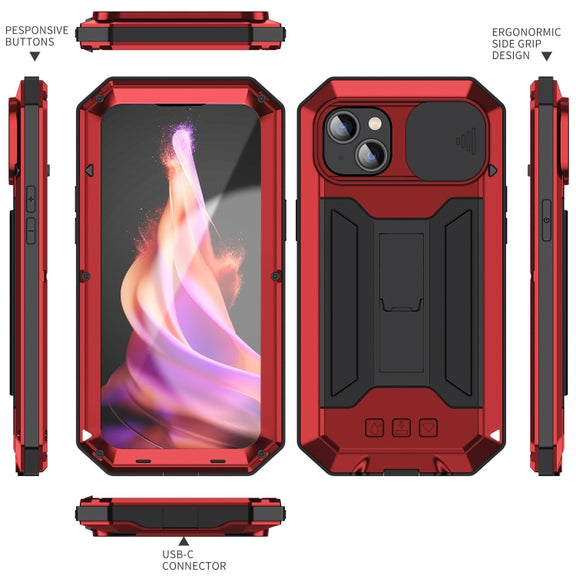 For iPhone 15 Plus R-JUST Sliding Camera IP54 Life Water-resistant Holder Phone Case(Red)