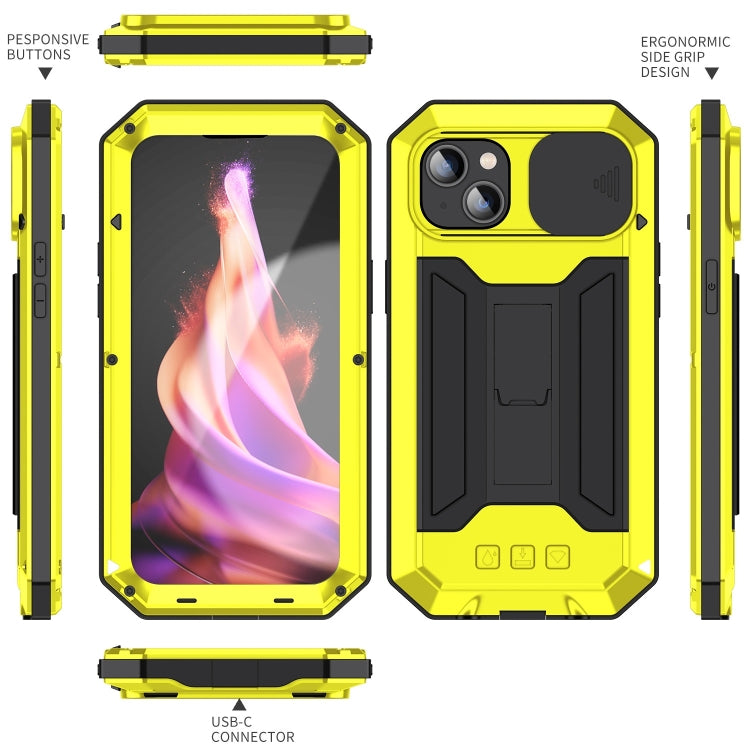 For iPhone 15 Plus R-JUST Sliding Camera IP54 Life Water-resistant Holder Phone Case(Yellow)