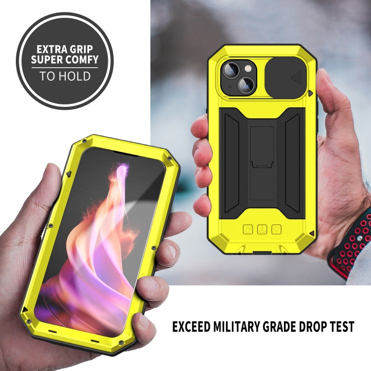 For iPhone 15 Plus R-JUST Sliding Camera IP54 Life Water-resistant Holder Phone Case(Yellow)