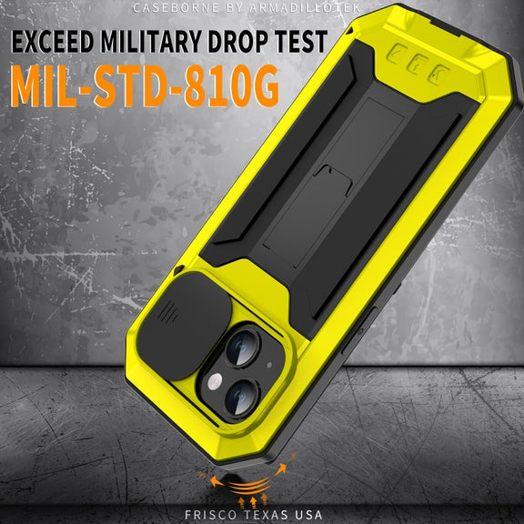 For iPhone 15 Plus R-JUST Sliding Camera IP54 Life Water-resistant Holder Phone Case(Yellow)