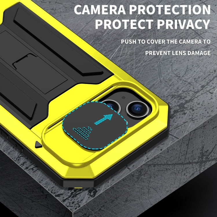 For iPhone 15 Plus R-JUST Sliding Camera IP54 Life Water-resistant Holder Phone Case(Yellow)