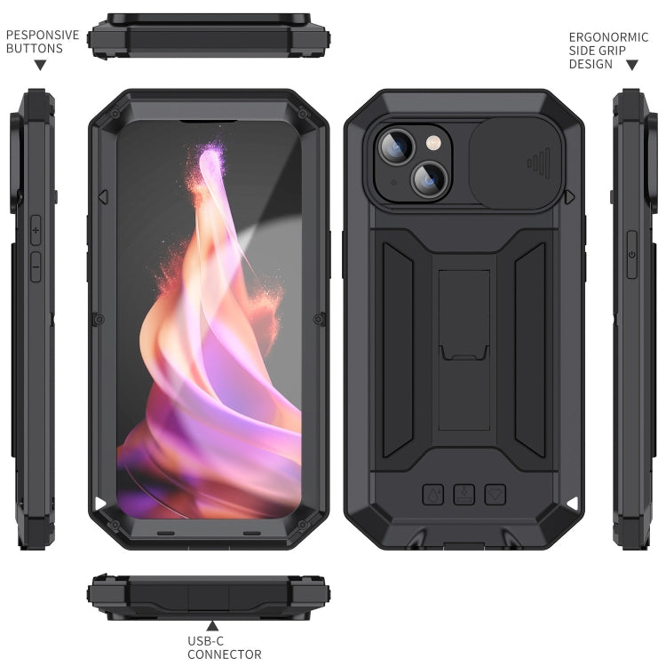 For iPhone 15 R-JUST Sliding Camera IP54 Life Water-resistant Holder Phone Case(Black)