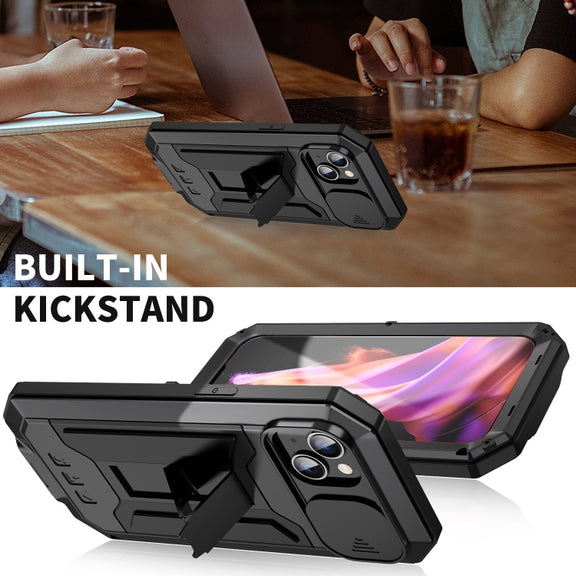 For iPhone 15 R-JUST Sliding Camera IP54 Life Water-resistant Holder Phone Case(Black)