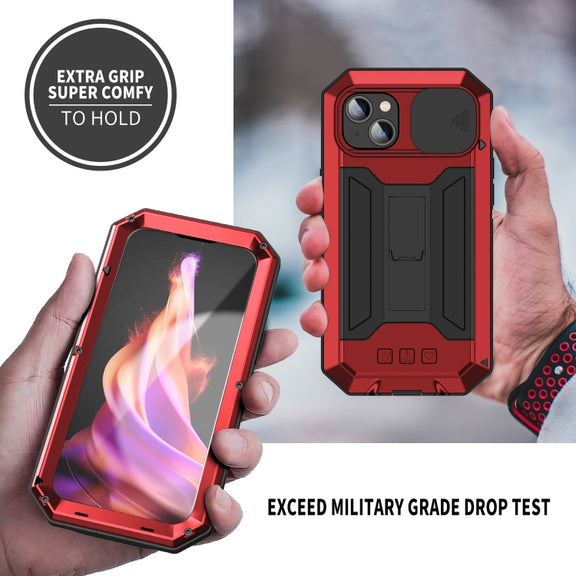 For iPhone 15 R-JUST Sliding Camera IP54 Life Water-resistant Holder Phone Case(Red)