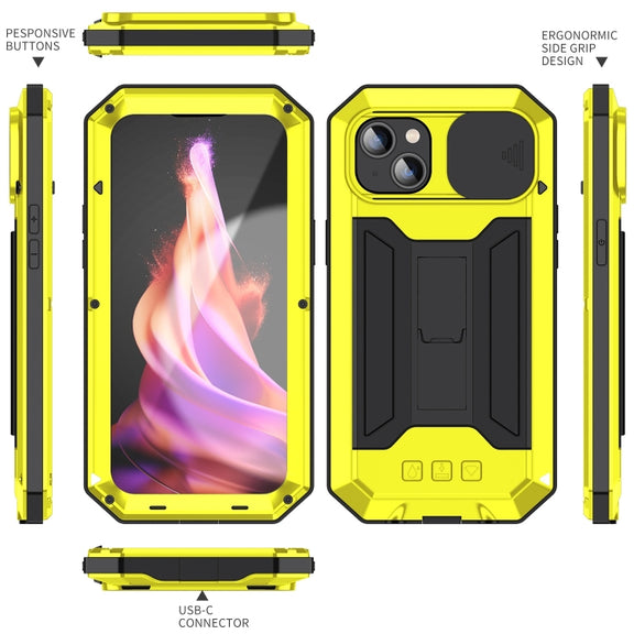 For iPhone 15 R-JUST Sliding Camera IP54 Life Water-resistant Holder Phone Case(Yellow)