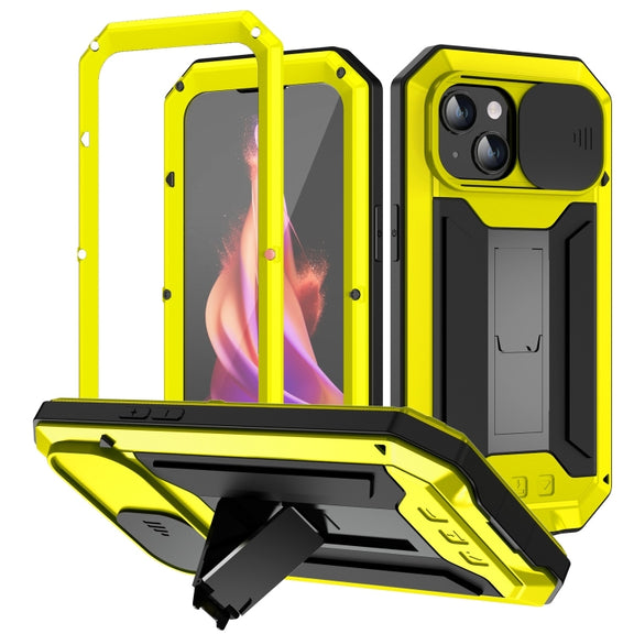 For iPhone 15 R-JUST Sliding Camera IP54 Life Water-resistant Holder Phone Case(Yellow)