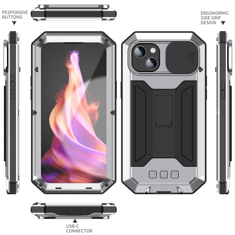 For iPhone 15 R-JUST Sliding Camera IP54 Life Water-resistant Holder Phone Case(Silver)