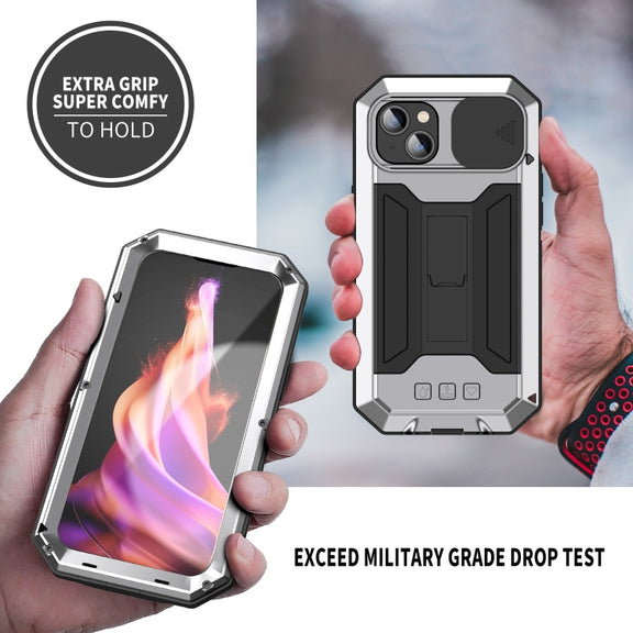 For iPhone 15 R-JUST Sliding Camera IP54 Life Water-resistant Holder Phone Case(Silver)