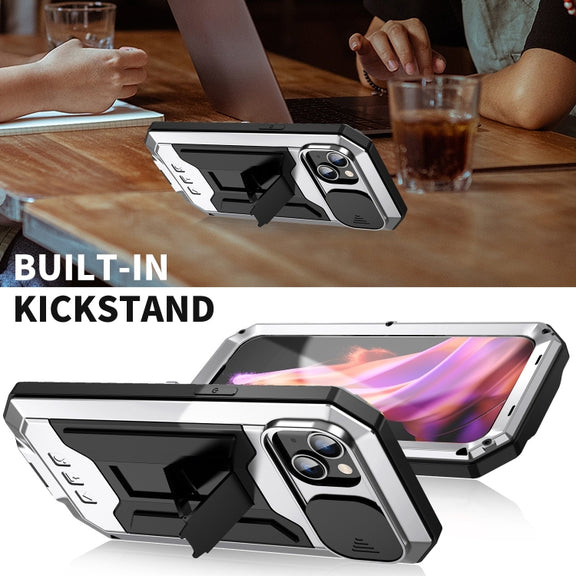 For iPhone 15 R-JUST Sliding Camera IP54 Life Water-resistant Holder Phone Case(Silver)