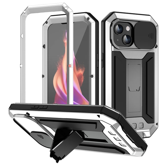 For iPhone 15 R-JUST Sliding Camera IP54 Life Water-resistant Holder Phone Case(Silver)