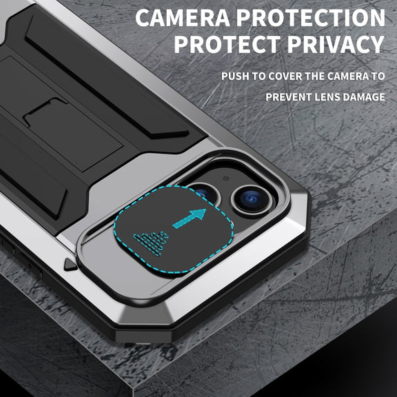 For iPhone 15 R-JUST Sliding Camera IP54 Life Water-resistant Holder Phone Case(Silver)