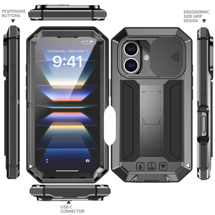 For iPhone 16 R-JUST Sliding Camera IP54 Life Water-resistant Holder Phone Case(Black)