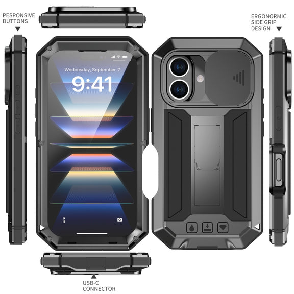 For iPhone 16 R-JUST Sliding Camera IP54 Life Water-resistant Holder Phone Case(Black)