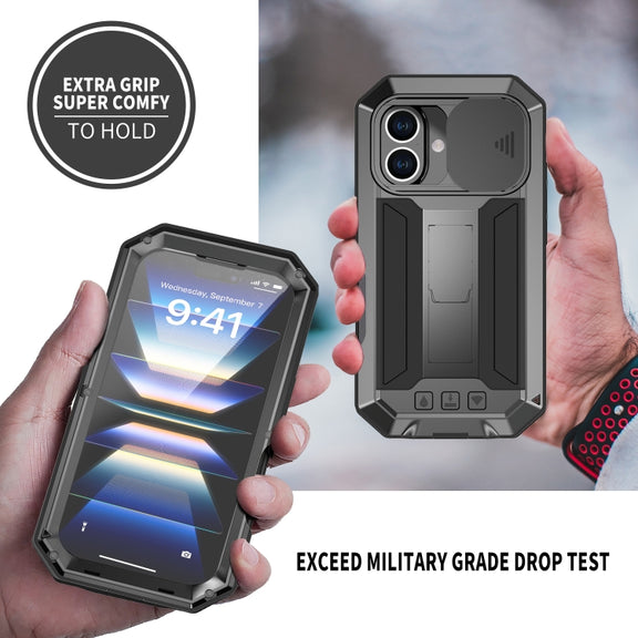 For iPhone 16 R-JUST Sliding Camera IP54 Life Water-resistant Holder Phone Case(Black)