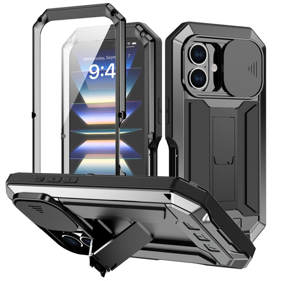 For iPhone 16 R-JUST Sliding Camera IP54 Life Water-resistant Holder Phone Case(Black)