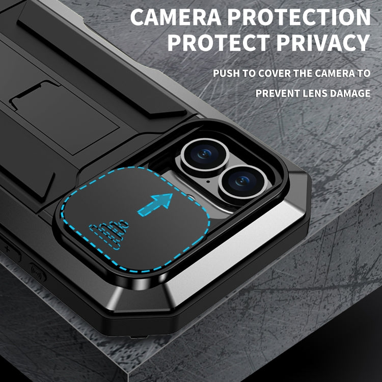 For iPhone 16 R-JUST Sliding Camera IP54 Life Water-resistant Holder Phone Case(Black)
