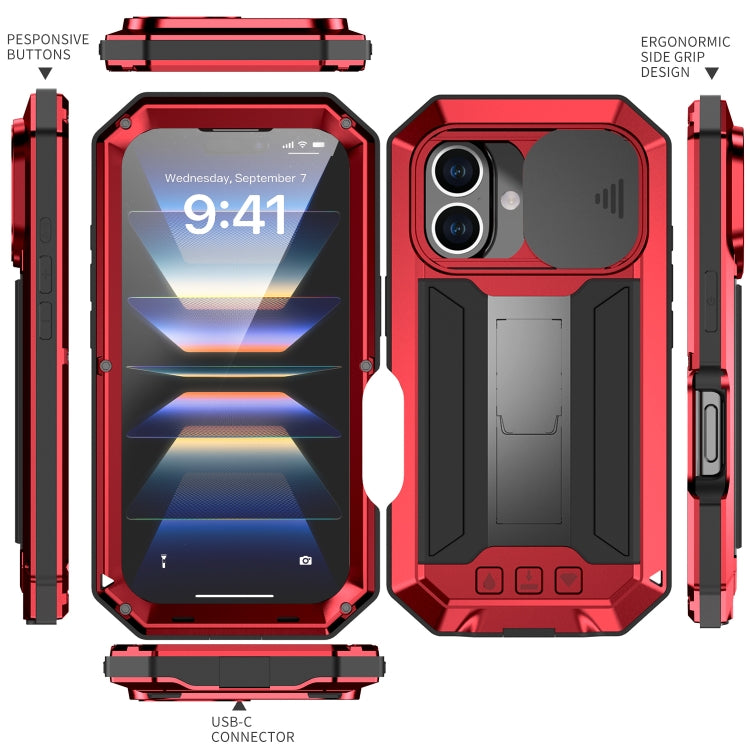For iPhone 16 R-JUST Sliding Camera IP54 Life Water-resistant Holder Phone Case(Red)