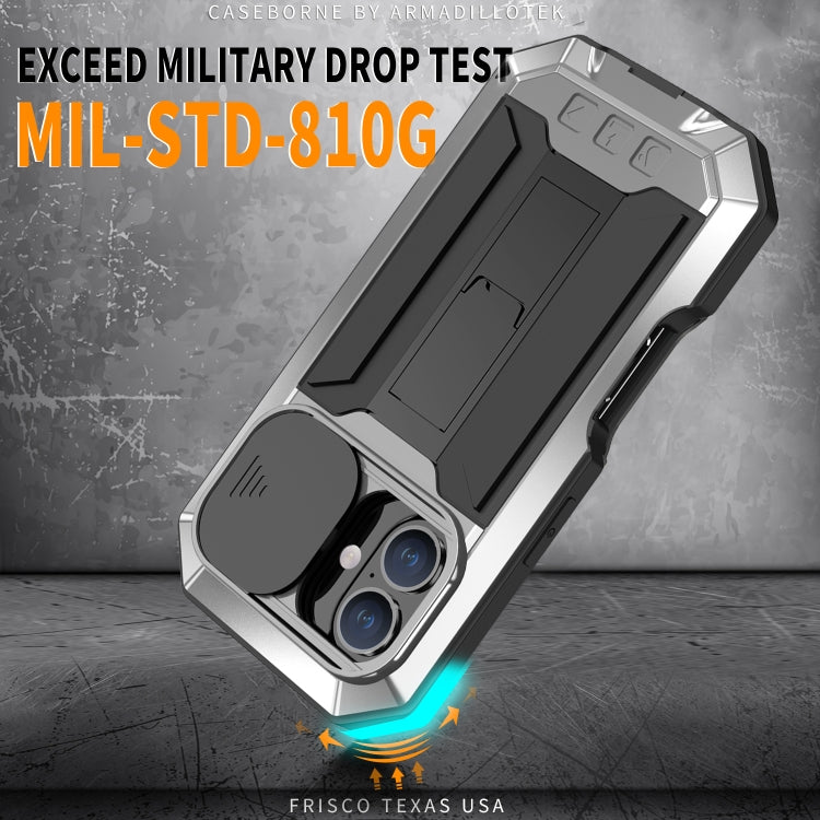 For iPhone 16 R-JUST Sliding Camera IP54 Life Water-resistant Holder Phone Case(Silver)