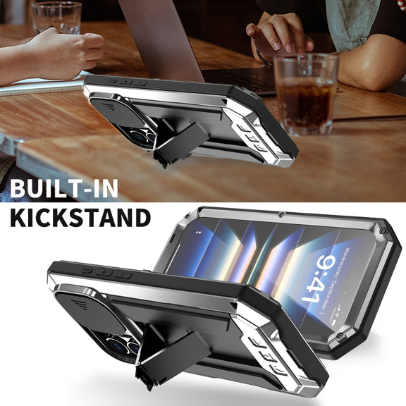 For iPhone 16 R-JUST Sliding Camera IP54 Life Water-resistant Holder Phone Case(Silver)