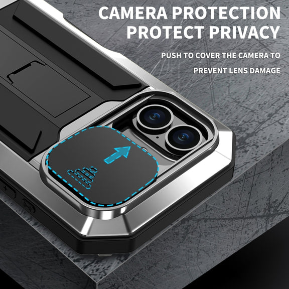 For iPhone 16 R-JUST Sliding Camera IP54 Life Water-resistant Holder Phone Case(Silver)
