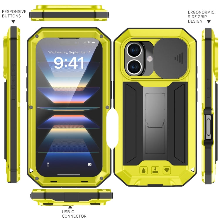 For iPhone 16 Plus R-JUST Sliding Camera IP54 Life Water-resistant Holder Phone Case(Yellow)