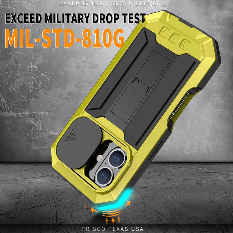 For iPhone 16 Plus R-JUST Sliding Camera IP54 Life Water-resistant Holder Phone Case(Yellow)