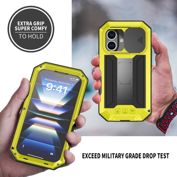 For iPhone 16 Plus R-JUST Sliding Camera IP54 Life Water-resistant Holder Phone Case(Yellow)