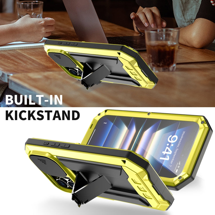 For iPhone 16 Plus R-JUST Sliding Camera IP54 Life Water-resistant Holder Phone Case(Yellow)