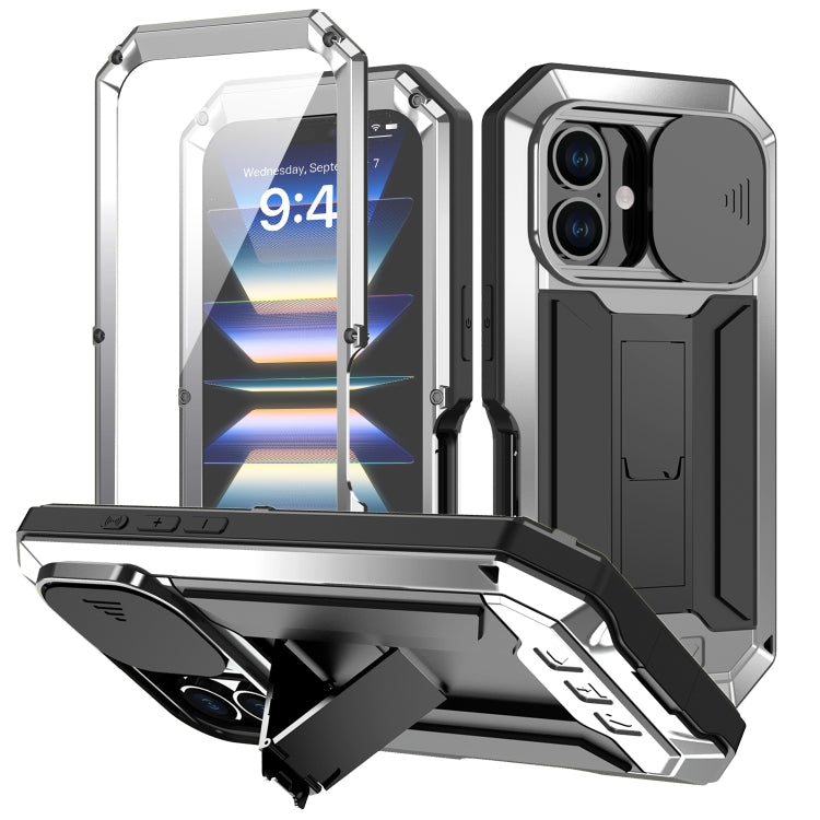 For iPhone 16 Plus R-JUST Sliding Camera IP54 Life Water-resistant Holder Phone Case(Silver)