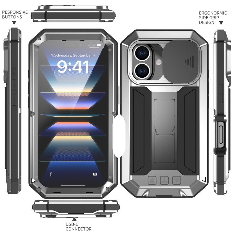 For iPhone 16 Plus R-JUST Sliding Camera IP54 Life Water-resistant Holder Phone Case(Silver)