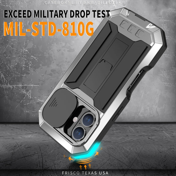 For iPhone 16 Plus R-JUST Sliding Camera IP54 Life Water-resistant Holder Phone Case(Silver)
