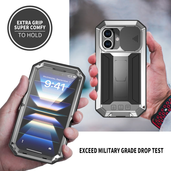 For iPhone 16 Plus R-JUST Sliding Camera IP54 Life Water-resistant Holder Phone Case(Silver)