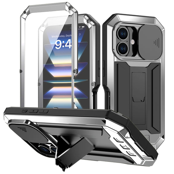 For iPhone 16 Plus R-JUST Sliding Camera IP54 Life Water-resistant Holder Phone Case(Silver)