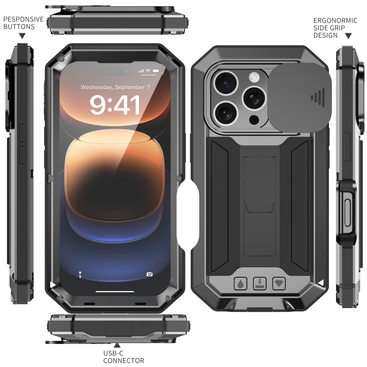 For iPhone 16 Pro R-JUST Sliding Camera IP54 Life Water-resistant Holder Phone Case(Black)
