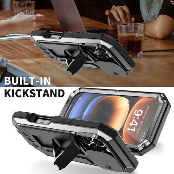 For iPhone 16 Pro R-JUST Sliding Camera IP54 Life Water-resistant Holder Phone Case(Black)