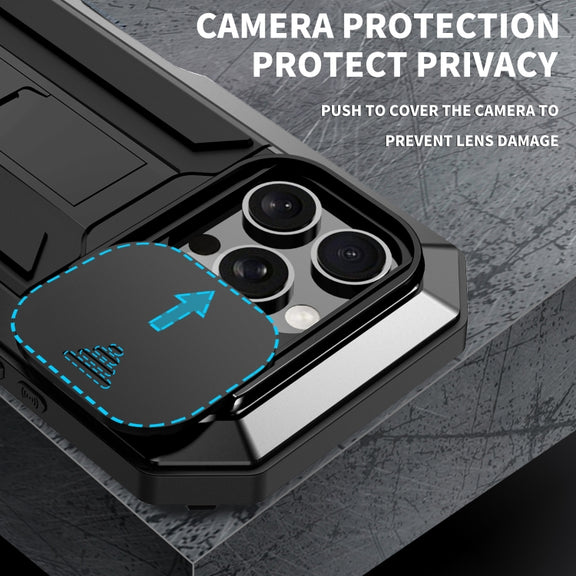 For iPhone 16 Pro R-JUST Sliding Camera IP54 Life Water-resistant Holder Phone Case(Black)