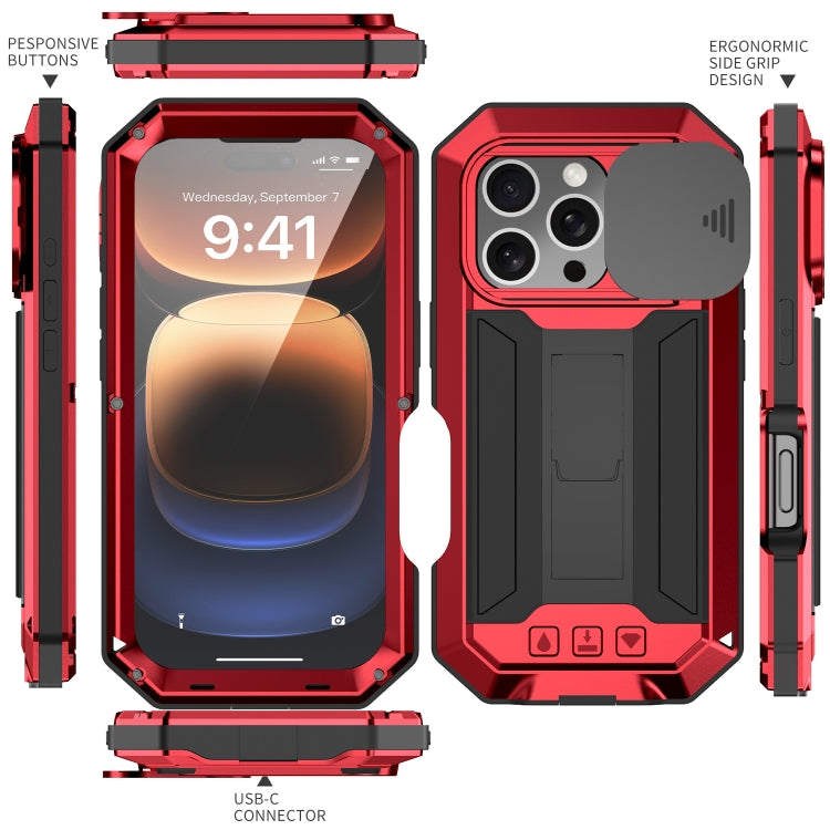 For iPhone 16 Pro R-JUST Sliding Camera IP54 Life Water-resistant Holder Phone Case(Red)